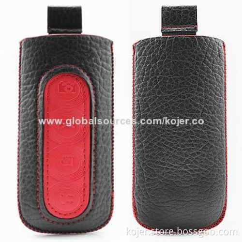 Leather Mobile Phone Pouches for iPhone 5, Made of PU Leather and Retractable Pull-tab